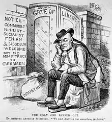 Cartoon of a Chinese man barred from entering the U.S.